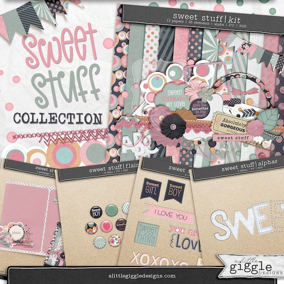 Digital Scrapbook Kit FULL Collection for Girls sweet Stuff 35 Elements 20  Papers 12x12 5 Alphas 4 Extra Packs PNG 