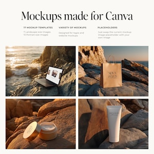 May include: A promotional image showcasing mockups for Canva. The image features a laptop, a shopping bag, and cosmetic products, all displayed on rocks near the ocean. Text includes "Mockups made for Canva", "17 Mockup Templates", and "Placeholders".