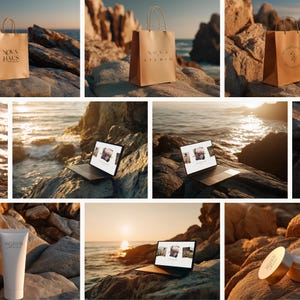 May include: A collection of product shots featuring brown paper shopping bags with logos, a laptop displaying images, and skincare products. The items are arranged on rocks near the ocean at sunset, creating a warm, natural aesthetic.