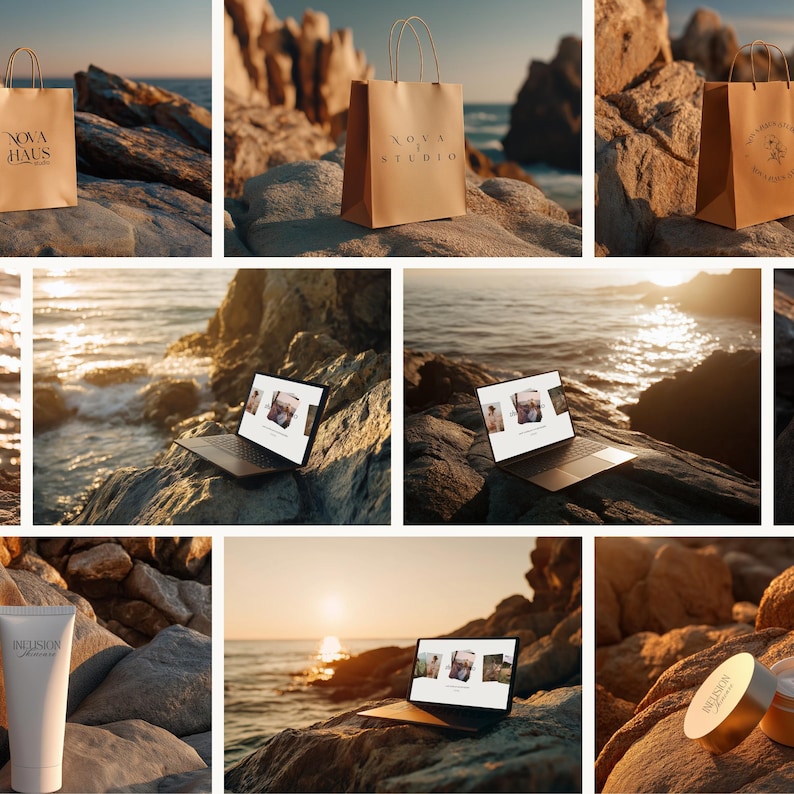 May include: A collection of product shots featuring brown paper shopping bags with logos, a laptop displaying images, and skincare products. The items are arranged on rocks near the ocean at sunset, creating a warm, natural aesthetic.