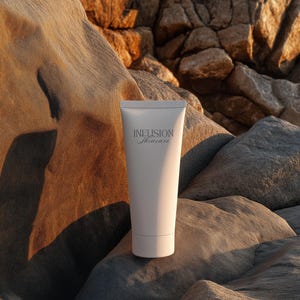 May include: A white skincare tube with the text "INFUSION Skincare" in a light gray font. The tube is set against a backdrop of gray and brown rocks, with sunlight casting shadows.