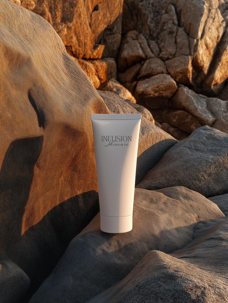 May include: A white skincare tube with the text "INFUSION Skincare" in a light gray font. The tube is set against a backdrop of gray and brown rocks, with sunlight casting shadows.