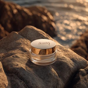 May include: A clear glass jar with a gold lid, labeled "Beauty Radiance", sits on a textured rock. The jar contains a cream-colored substance. The background shows a blurred view of the ocean and rocks, with sunlight reflecting on the water.
