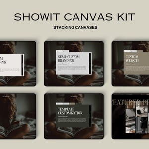 Pode incluir: A imagem mostra um Showit Canvas Kit com o texto "SHOWIT CANVAS KIT" e "STACKING CANVASES". Várias telas digitais são exibidas, cada uma com sobreposições de texto como "SEMI-CUSTOM BRANDING" e "TEMPLATE CUSTOMIZATION". A estética é moderna e minimalista.
