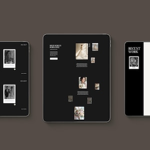 Könnte beinhalten: Drei digitale Tablets, die eine Website-Oberfläche mit dunklem Thema anzeigen. Die Oberfläche zeigt Hochzeitsfotografien mit Schwarz-Weiß-Bildern und dem Text "Split Screen Scrolling" und "Recent Work". Die Tablets befinden sich auf einem dunkelbraunen Hintergrund.