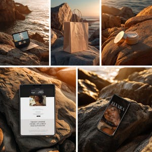 May include: A laptop, tablet, and smartphone display websites and branding. A brown paper shopping bag with the text "NOVU HAUS" sits on a rock. A jar of cream with a gold lid is open. The devices show a woman's face.