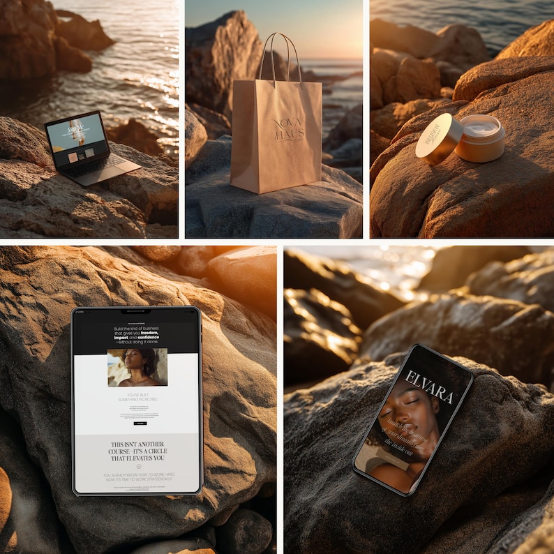 May include: A laptop, tablet, and smartphone display websites and branding. A brown paper shopping bag with the text "NOVU HAUS" sits on a rock. A jar of cream with a gold lid is open. The devices show a woman's face.