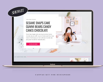 以下が含まれることがあります： 「SHOWIT」、「WELCOME FRIEND」、「SESAME SNAPS CAKE」、「GUMMI BEARS CANDY」、「CANES CHOCOLATE」、「OH TELL ME MORE」、「SAY SOMETHING HERE」、「CANVAS KIT FOR DESIGNERS」というテキストが表示されたウェブサイトを表示しているラップトップコンピューター。ウェブサイトには、スマートフォンを使用している女性の画像も表示されています。