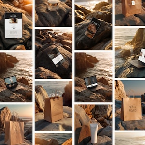 May include: A collection of product shots featuring a laptop, tablet, and various skincare items, including a jar and a tube. The items are arranged on rocks near the ocean, with a shopping bag and a magazine. The lighting is warm and natural.