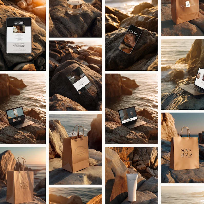 May include: A collection of product shots featuring a laptop, tablet, and various skincare items, including a jar and a tube. The items are arranged on rocks near the ocean, with a shopping bag and a magazine. The lighting is warm and natural.