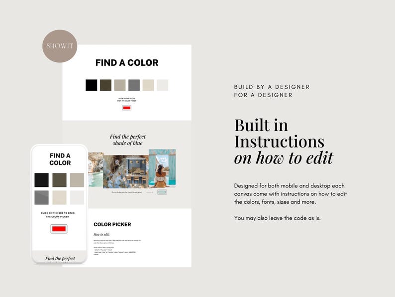 K&ouml;nnte beinhalten: Ein Mockup eines Handybildschirms, auf dem ein Farbw&auml;hler mit dem Text "Find a Color" angezeigt wird. Das Tool erm&ouml;glicht es Benutzern, aus einer Vielzahl von Farben und Farbt&ouml;nen auszuw&auml;hlen. Das Bild zeigt auch einen Desktop-Bildschirm, auf dem ein &auml;hnlicher Farbw&auml;hler mit dem Text "Find the perfect shade of blue" angezeigt wird.