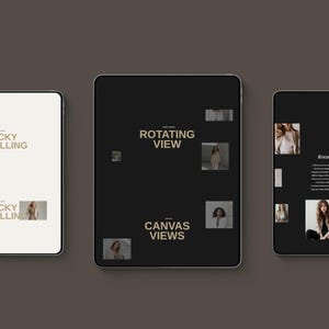 Puede incluir: Tres tabletas digitales con pantallas en blanco y negro se muestran sobre un fondo gris oscuro. Las pantallas presentan texto e imágenes. El texto incluye "Sticky Scrolling", "Rotating View" y "Canvas Views".