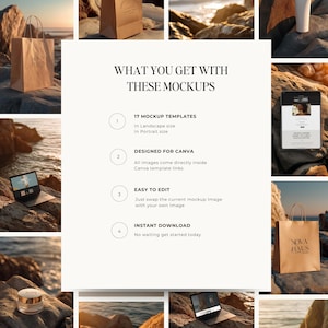 May include: A mockup product image with a white background and text that reads "WHAT YOU GET WITH THESE MOCKUPS". The text lists 17 mockup templates, designed for Canva, easy to edit, and instant download. The image also shows a laptop, tablet, and shopping bag.