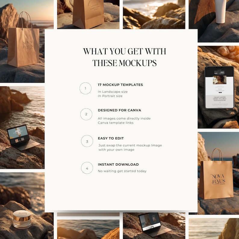 May include: A mockup product image with a white background and text that reads "WHAT YOU GET WITH THESE MOCKUPS". The text lists 17 mockup templates, designed for Canva, easy to edit, and instant download. The image also shows a laptop, tablet, and shopping bag.