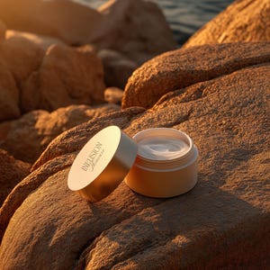 May include: An open jar of skincare cream with a gold lid, resting on a rock. The cream is white and the jar is beige. The lid has the text "INFUSION Skincare" printed on it. The background shows rocks and the ocean.
