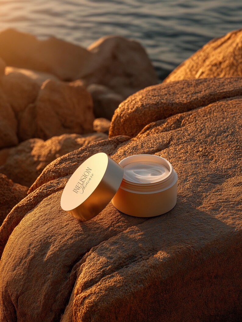May include: An open jar of skincare cream with a gold lid, resting on a rock. The cream is white and the jar is beige. The lid has the text "INFUSION Skincare" printed on it. The background shows rocks and the ocean.