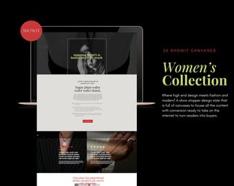 以下が含まれることがあります： 「SHOWIT」と「26 SHOWIT CANVASES Women's Collection」というテキストが表示されたラップトップの画面。ウェブサイトには、女性の白黒写真と「Supporting WOMEN in business is helping the growth.」というテキストが表示されています。ウェブサイトには、「Sugar plum wafer wafer wafer donut.」というテキストも表示されています。
