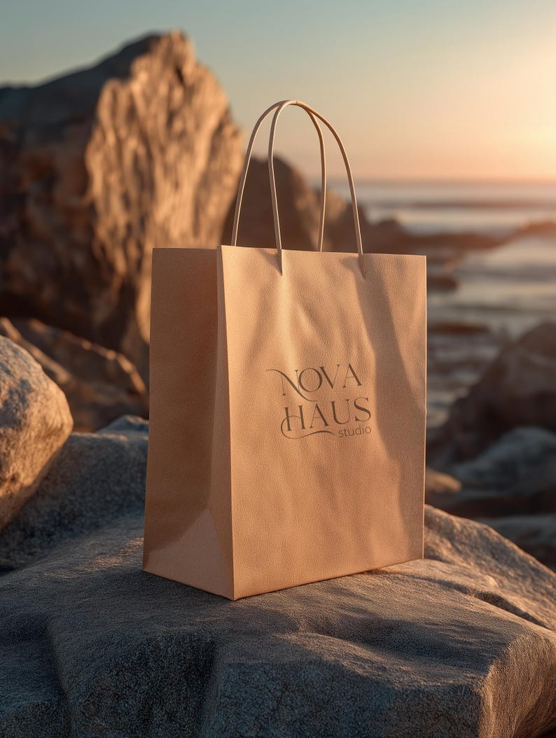 May include: A tan paper shopping bag with the text "NOVA HAUS studio" printed on the front. The bag has a rectangular shape with a flat bottom and two handles. The bag is sitting on a rock with a beach and sunset in the background.