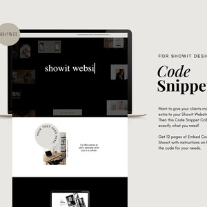 Puede incluir: Una pantalla de computadora portátil que muestra un sitio web con el texto "showit websi" y un círculo con el texto "YOUR TEXT GOES HERE". El texto "FOR SHOWIT DESIGNERS Code Snippets" es visible en el lado derecho de la imagen. El texto "Want to give your clients more? Or add extra to your Showit Website Templates? Then this Code Snippet Collection is exactly what you need! Get 12 pages of Embed Codes right in Showit with instructions on how to edit the code for your needs." también es visible.