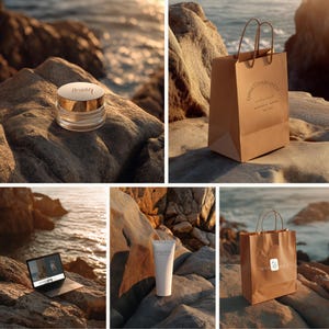 May include: A collection of beauty products and shopping bags are displayed on rocks near the ocean. The products include a jar with the word "Besant&eacute;" and a white tube with the word "Besant&eacute;". The shopping bags have the text "Emma Charlotte" and "Nova Belle".