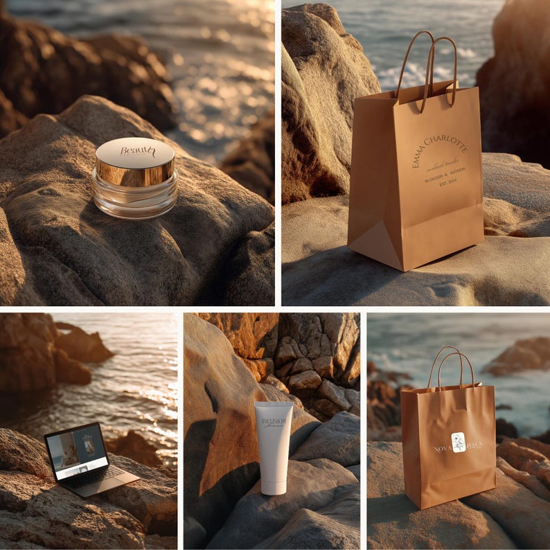 May include: A collection of beauty products and shopping bags are displayed on rocks near the ocean. The products include a jar with the word "Besant&eacute;" and a white tube with the word "Besant&eacute;". The shopping bags have the text "Emma Charlotte" and "Nova Belle".