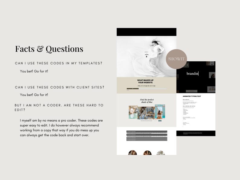 K&ouml;nnte beinhalten: Ein Screenshot einer Website mit dem Text "What makes up your website" und "Find the perfect shade of blue". Die Website ist mit wei&szlig;em Hintergrund und schwarzem Text gestaltet. Die Website ist f&uuml;r Showit, einen Website-Builder.