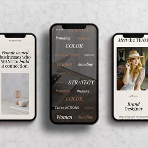 Może przedstawiać: Trzy ekrany telefon&oacute;w kom&oacute;rkowych o r&oacute;żnych wzorach. Pierwszy ekran wyświetla tekst "Female owned businesses who WANT to build a connection." Drugi ekran zawiera słowa "DESIGN STRATEGY branding Website COLOR Call to ACTIONS Women branding" w warstwowym projekcie. Trzeci ekran wyświetla "Meet the TEAM" i zawiera zdjęcie kobiety w kapeluszu oraz tekst "Sara Palle Brand Designer."