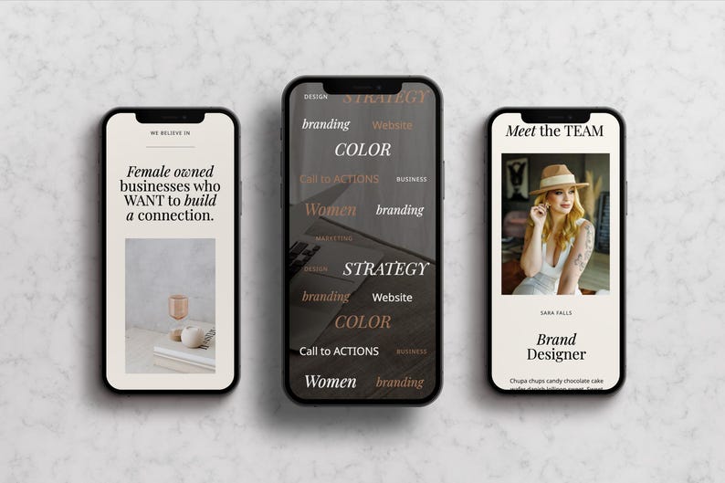 Może przedstawiać: Trzy ekrany telefon&oacute;w kom&oacute;rkowych o r&oacute;żnych wzorach. Pierwszy ekran wyświetla tekst "Female owned businesses who WANT to build a connection." Drugi ekran zawiera słowa "DESIGN STRATEGY branding Website COLOR Call to ACTIONS Women branding" w warstwowym projekcie. Trzeci ekran wyświetla "Meet the TEAM" i zawiera zdjęcie kobiety w kapeluszu oraz tekst "Sara Palle Brand Designer."