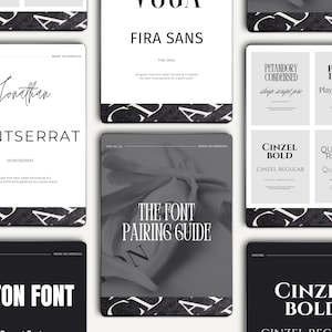 以下が含まれることがあります： フォントペアリングガイドの白黒画像。ガイドには、フォントの名前が記載されたさまざまなフォントペアリングが示されています。フォントには、Montserrat、Fira Sans、Playfair Display、Quicksand、Cinzel、Anton が含まれます。