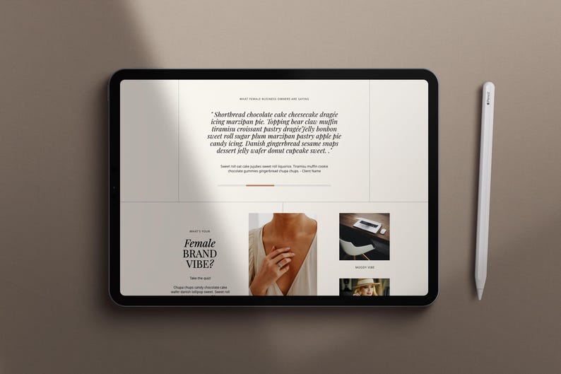 Może przedstawiać: Tablet wyświetlający stronę internetową z białym tłem i czarnym tekstem. Tekst na stronie internetowej brzmi: "Shorthread chocolate cake cheesecake drag&eacute;e icing marzipan pie. Topping bear clam tiramisu croissant pastry drag&eacute;e Jelly honέ&sigma;&alpha; sweet roll sagar plum marzipan pastry apple pie candy icing. Danish gingerbread sesame sp dessert jelly wafer donat cupcake weet..." i "What's Your Female Brand Vibe?"