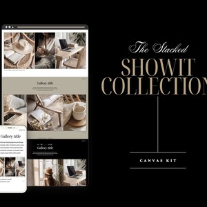 Puede incluir: Una maqueta de sitio web en una computadora portátil y un teléfono que muestra un diseño de sitio web con una galería de imágenes. El sitio web se titula "The Stacked Showit Collection Canvas Kit".