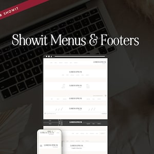 May include: A laptop computer with a white screen displaying a website design mockup. The mockup shows a website menu and footer with the text "LOREM IPSUM" repeated multiple times. The laptop is on a light brown surface.