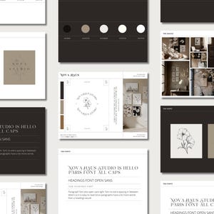 May include: A black and white design mockup for a branding project. The design features a simple line drawing of a flower and the text "Nova Haus Studio" in a serif font.