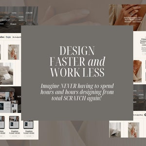 Może przedstawiać: Szablon projektu strony internetowej z szarym tłem i tekstem "DESIGN FASTER and WORK LESS" w kolorze białym. Tekst "Imagine NEVER having to spend hours and hours designing from total SCRATCH again!" r&oacute;wnież jest biały. Szablon projektu strony internetowej zawiera r&oacute;żne obrazy, w tym laptopa, telefon i tablet. Szablon projektu strony internetowej jest przeznaczony dla kobiet prowadzących działalność gospodarczą, kt&oacute;re chcą nawiązać kontakt ze swoimi klientami.