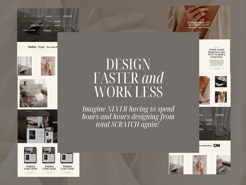 Może przedstawiać: Szablon projektu strony internetowej z szarym tłem i tekstem "DESIGN FASTER and WORK LESS" w kolorze białym. Tekst "Imagine NEVER having to spend hours and hours designing from total SCRATCH again!" r&oacute;wnież jest biały. Szablon projektu strony internetowej zawiera r&oacute;żne obrazy, w tym laptopa, telefon i tablet. Szablon projektu strony internetowej jest przeznaczony dla kobiet prowadzących działalność gospodarczą, kt&oacute;re chcą nawiązać kontakt ze swoimi klientami.