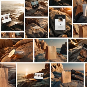 May include: A collection of beauty products and tech devices, including a laptop, tablet, and cream jar, are arranged on rocks near the ocean. The scene is bathed in warm sunlight, with shopping bags from "NOVA STUDIO" visible.