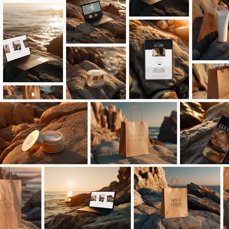 May include: A collection of beauty products and tech devices, including a laptop, tablet, and cream jar, are arranged on rocks near the ocean. The scene is bathed in warm sunlight, with shopping bags from "NOVA STUDIO" visible.