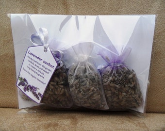 3x small organic lavender sachets bags in organza bags, hand-made - gift present in white and purple/lavender colour color