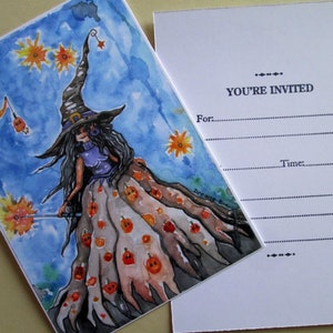 May include: A watercolor illustration of a witch flying on a broomstick with a starry night sky background. The witch is wearing a purple dress and a pointed hat with a black cat perched on a crescent moon in the upper left corner. The witch's dress is decorated with orange pumpkins.