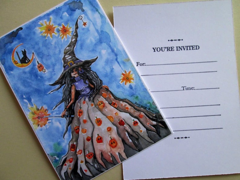 May include: A watercolor illustration of a witch flying on a broomstick with a starry night sky background. The witch is wearing a purple dress and a pointed hat with a black cat perched on a crescent moon in the upper left corner. The witch's dress is decorated with orange pumpkins.