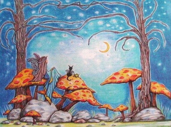 Fairy Drawing, Fairy Art,NiteLite Fairy and Cat Original Art Print, Fairy Wall Decor, Fairy Nursery Wall Hanging, Fairie Art, Fairy Decor