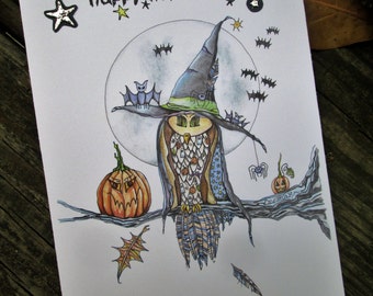 Halloween Witch Owl Drawing, Owl Print, Whimsical Owl Art, Owl Art, Owl Wall Hanging, Owl Decor, Witch Painting, Witch Drawing Owl Drawing