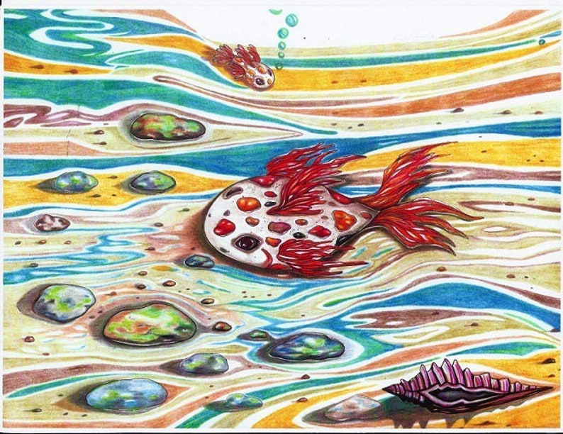 May include: A white and red fish with black spots swims in a stream with colorful, wavy lines. The fish has red fins and a white body with black spots. There are several rocks in the stream and a seashell on the bottom.