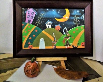 Trick or Treat Halloween Print, Trick or Treaters Painting Trick or Trick Artwork Halloween Wall Decor, Halloween Painting, Whimsical Witchs