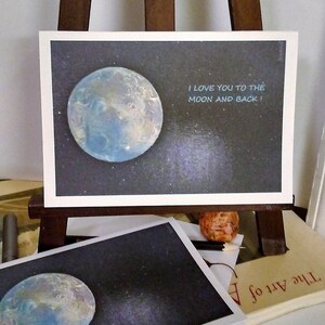 Juego de 3 tarjetas de luna en blanco, Te amo a la luna y de regreso, Tarjetas de notas en blanco, Tarjetas con sobres, Arte de la luna, Luna llena, Pintura de la luna, Luna