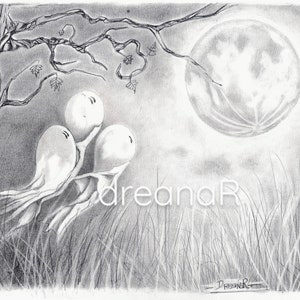 Ghost illustration, ghost drawing, graphite artwork, ghosts and full moon, gothic art, spooky art, wall art, Halloween pictures