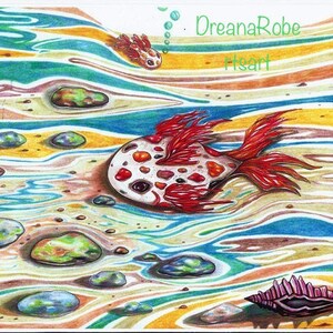 May include: A colorful illustration of a red and white fish with black spots swimming in a stream with colorful wavy lines. The fish is surrounded by rocks and a seashell.