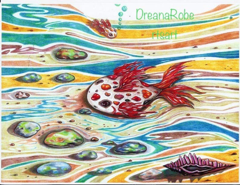 May include: A colorful illustration of a red and white fish with black spots swimming in a stream with colorful wavy lines. The fish is surrounded by rocks and a seashell.