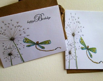 GREAT VALUE! Set of Two Dragonfly Greeting Cards Blank Note Cards Dragonfly Birthday Card Dandelion Greeting Card Dandelion Dragonfly Art