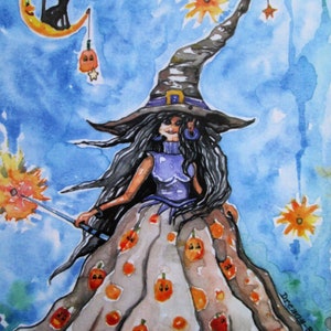 Witch Painting Halloween Painting Good Witch Art, Witch Wall Hanging Halloween Art Pretty Witch Watercolor Witch Witch Drawing Witch Decor